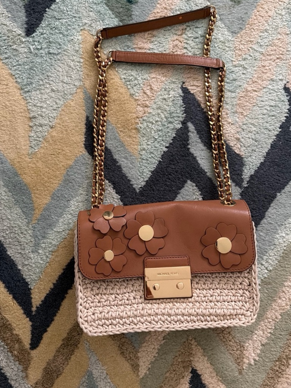 Michael Kors Sloan Brown Leather & Cream Woven Floral Chain Crossbody/Shoulder